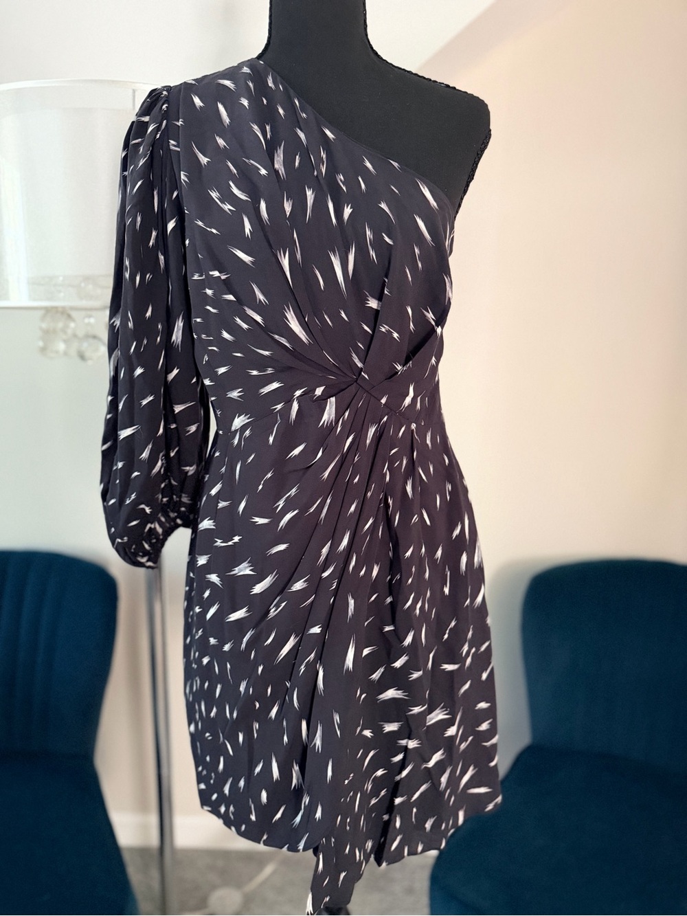 IRO Black One-Shoulder Printed Mini Dress with White Accents Sz FR40 (~US 8)